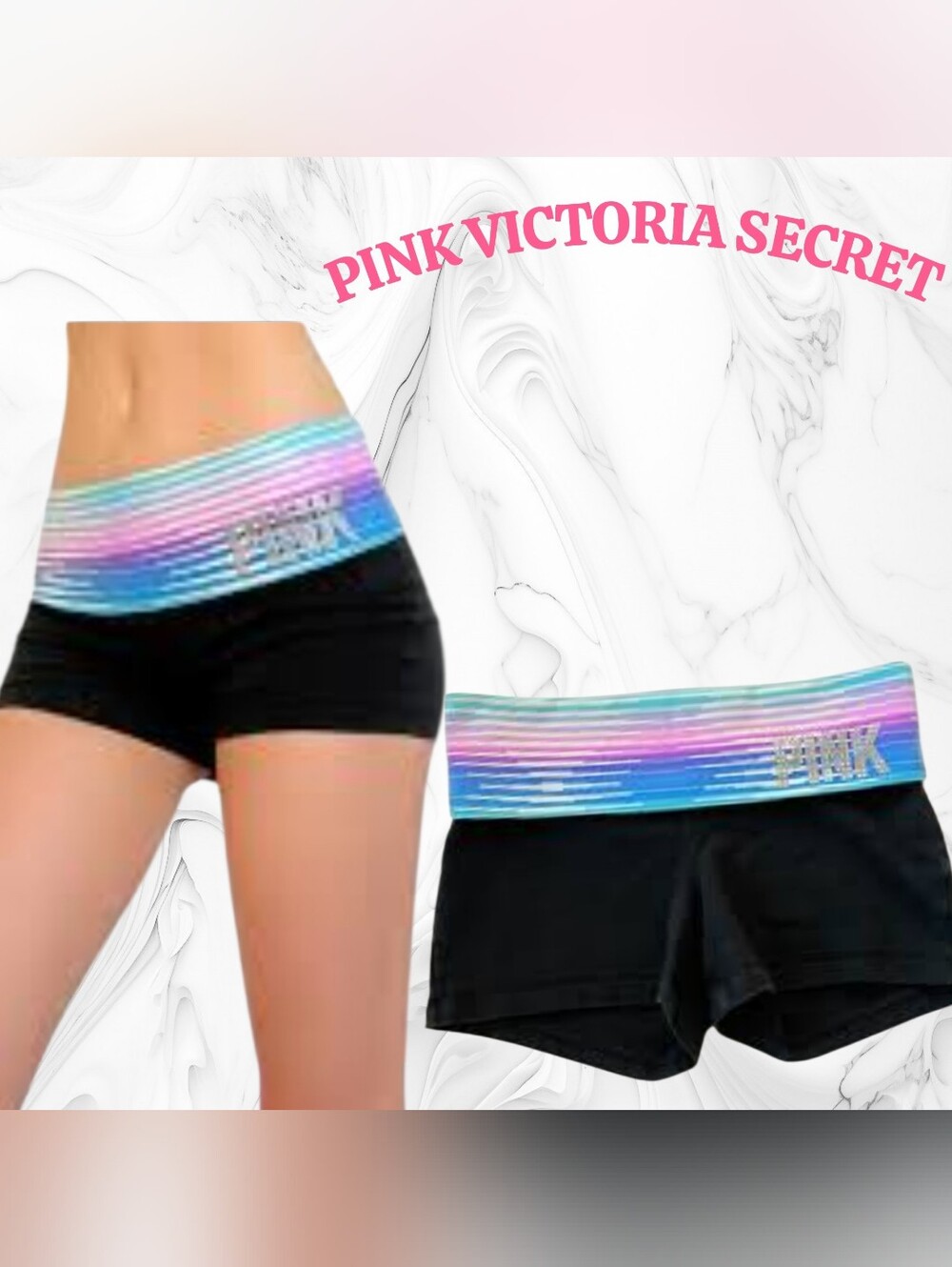 PINK Victoria's Secret Black Bike Shorts with Rainbow Striped Waistband